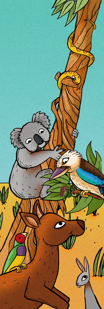 illustration of Australian animals including,Koala, kookaburra, kangaroo