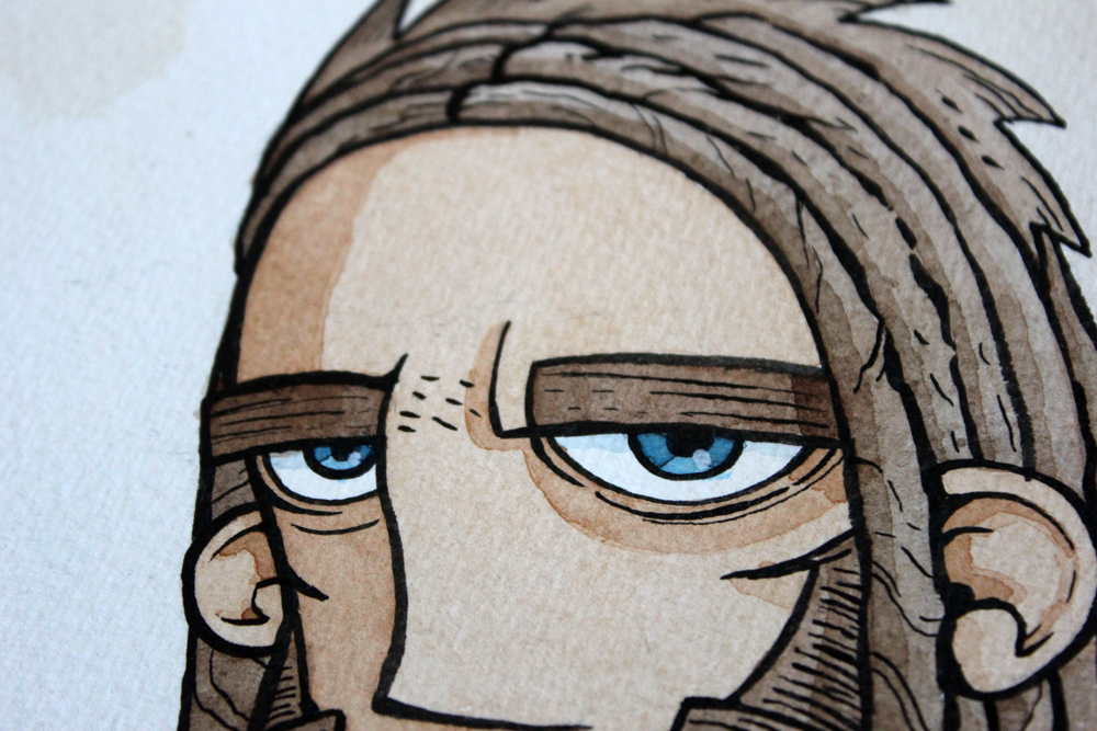 cave man with blue eyes illustration