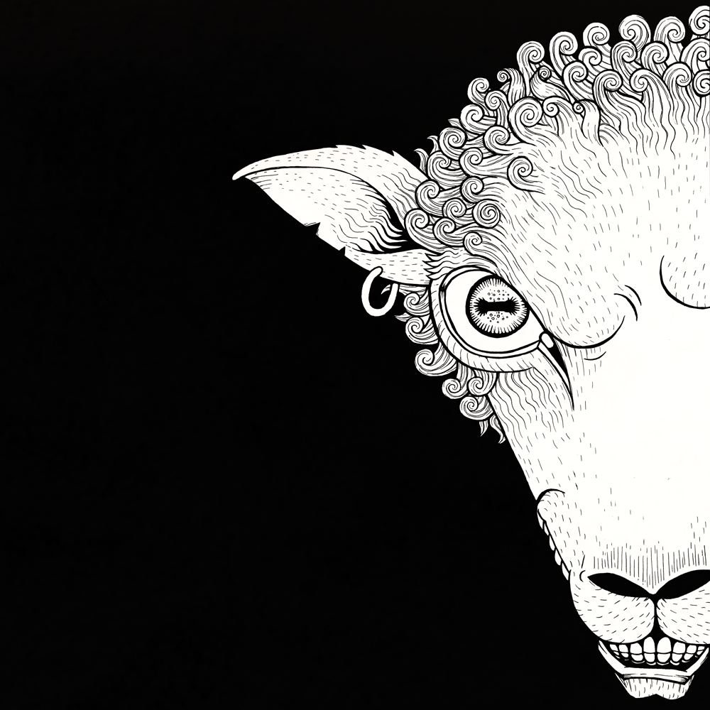black and white line drawing of a sheeps head for metal band bleeting apocalypse