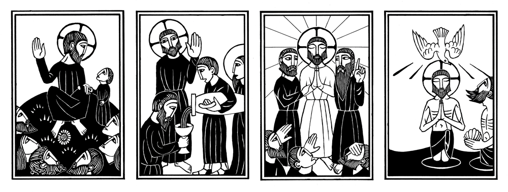 black and white woodcut images of jesus and the mysteries of light.