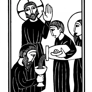 alt="jesus at the wedding at cana woodcut illustration from the mysteries of light"