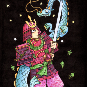 alt="Illustration of a samurai fighting a japanese dragon in watercolour and ink"