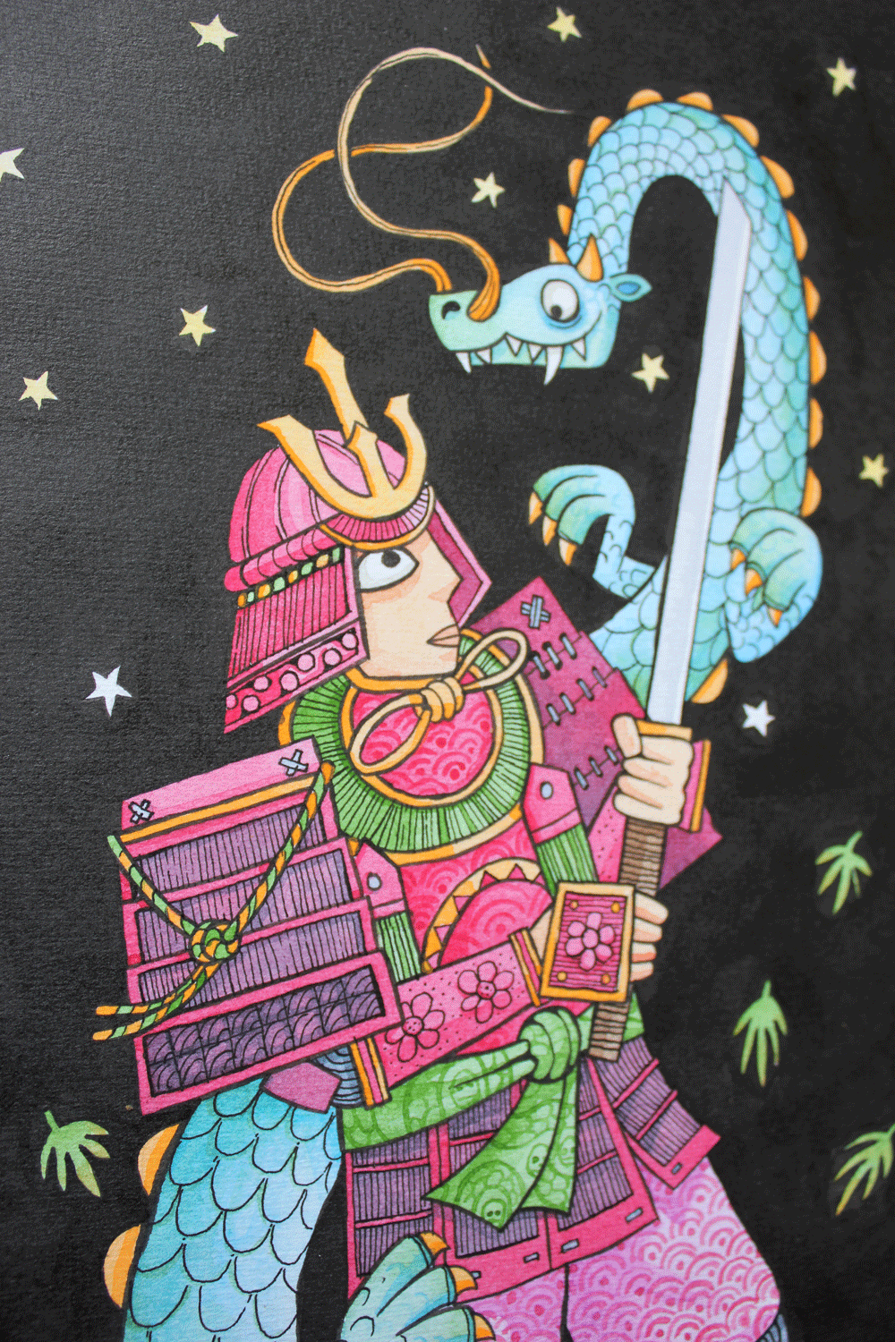illustration of a samurai fighting a japanese monster