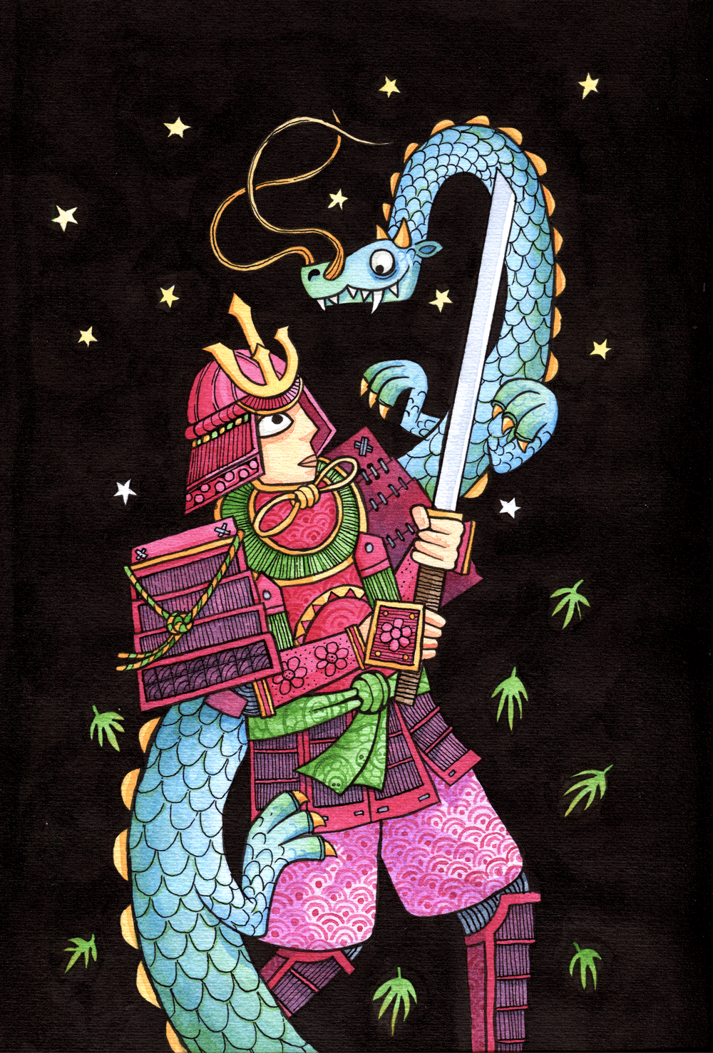 alt="Illustration of a samurai fighting a japanese dragon in watercolour and ink"