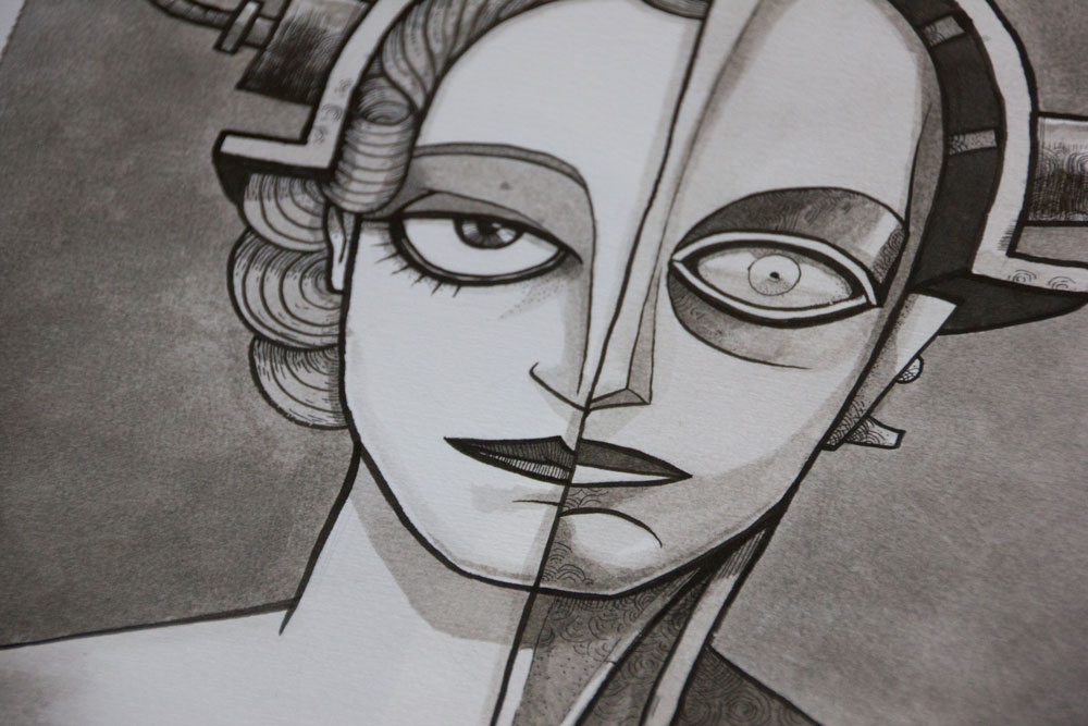 A close up of a black and white illustration portrait of Maria and the Robot from the film Metropolis