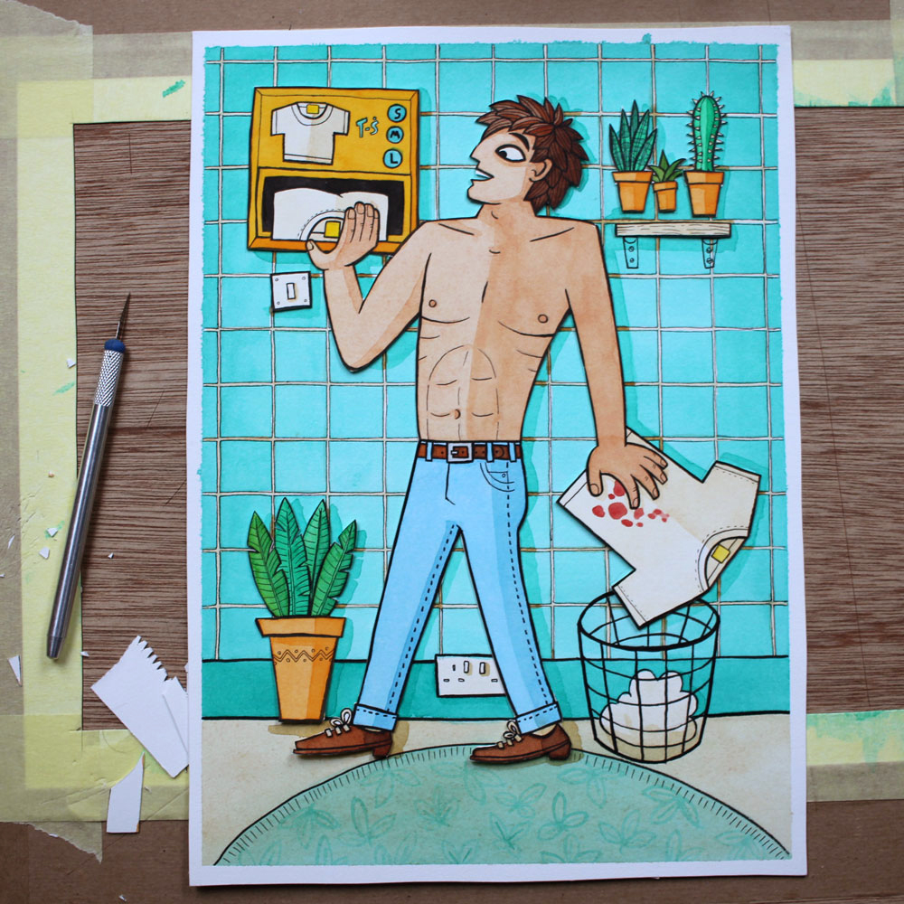 A photo of a papercut watercolour illustration of a man disposing of a t-shirt