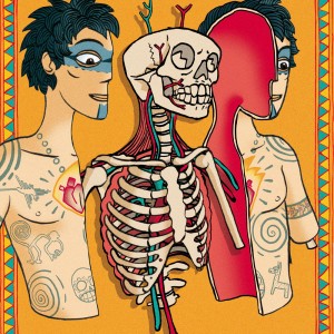 alt="mexican style image of an anatomical dissection of a man with tatoos"