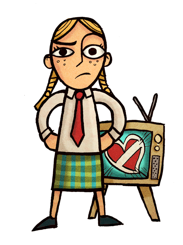 An image of a girl with pigtails in front of a 1970's television showing eurovision