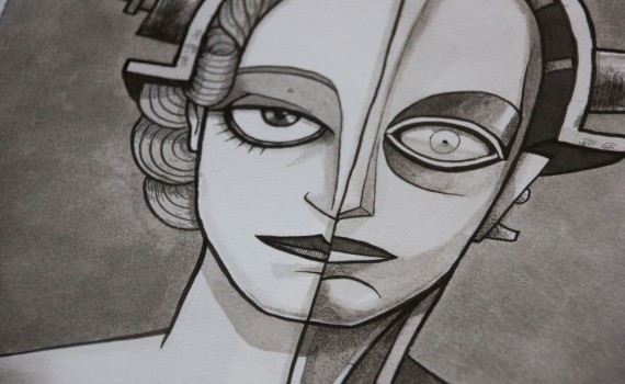 A close up of a black and white illustration portrait of Maria and the Robot from the film Metropolis