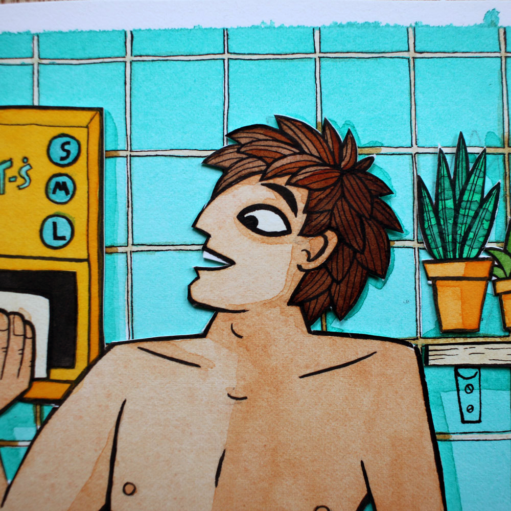A watercolour illustration of a man in a bathroom